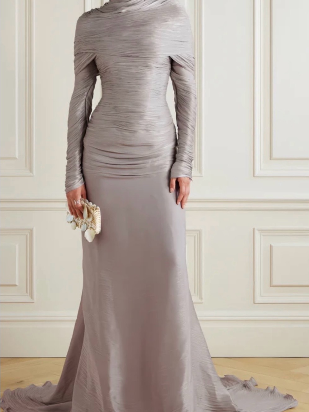Long-Sleeve Ruched Satin Evening Dress In Light Taupe